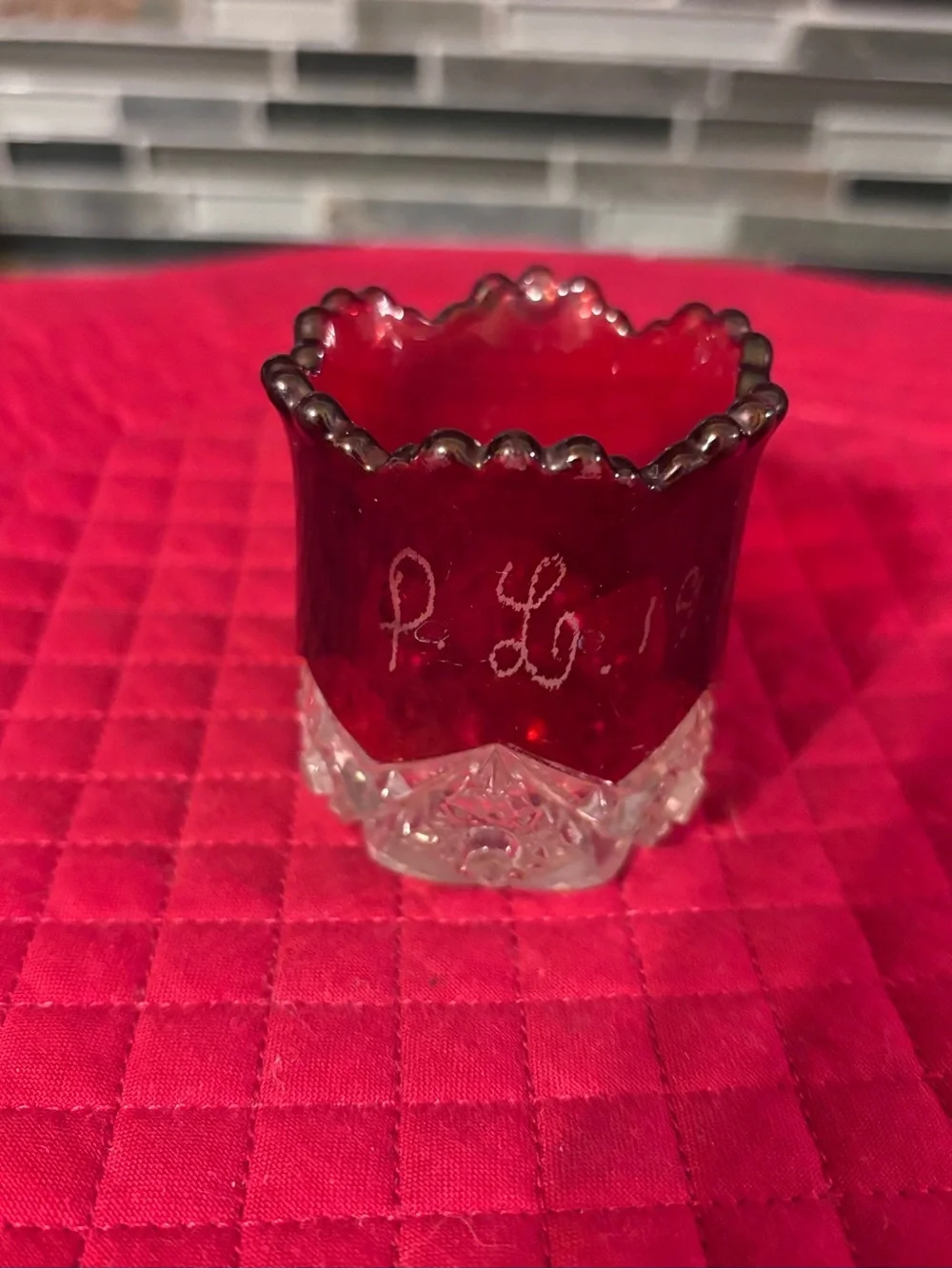 Antique 1910 Ruby Red Glass Toothpick Holder/Shot Glass with Clear Cut Base